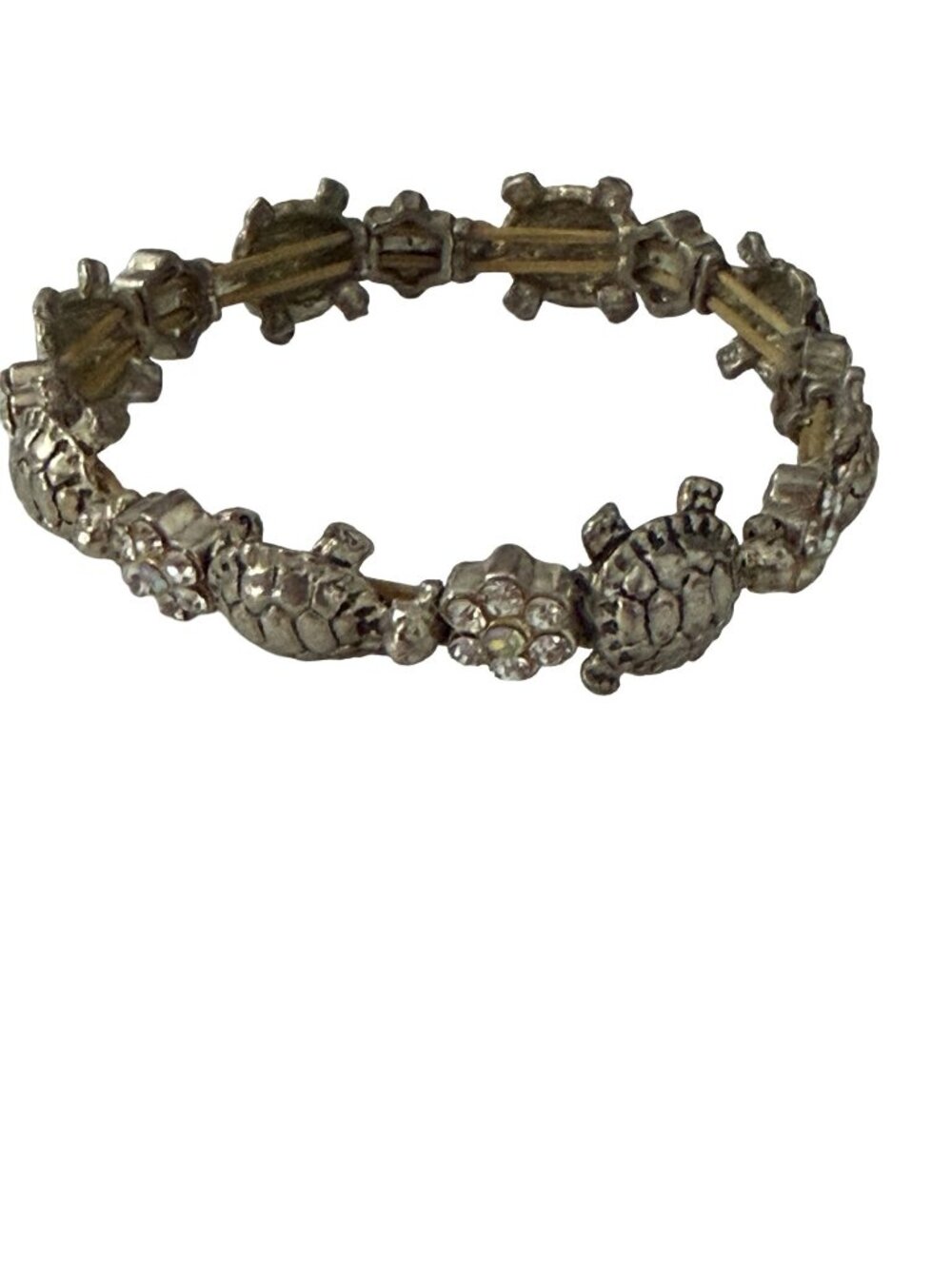 Vintage Silver Tone Sea Turtle Rhinestone Link Bracelet Coastal Ocean Jewelry